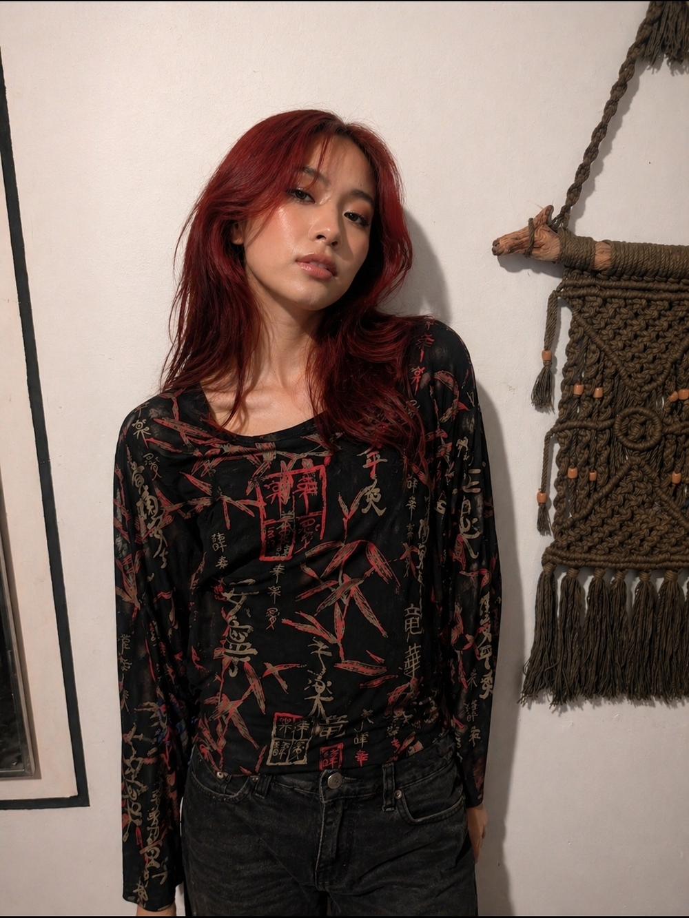2000s Long Sleeve Slinky Graphic Shirt with Red And Gold Script